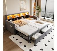 boorbin Divano letto imbottito estraibile 90/180 x 190 cm, testiera con scomparti integrati, striscia luminosa a LED e prese di ricarica, con due cassetti e rete a doghe, tessuto in velluto (grigio