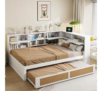 boorbin Divano letto in legno con letto estraibile multifunzionale, letto singolo con molti scomparti e porta di ricarica (bianco-1, 140 x 200 cm)