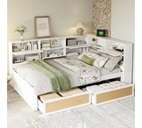 boorbin Divano letto in legno massello 140 x 200 con cassetto Multifunzionale Lettino singolo con molti scomparti e porta di ricarica (bianco-2, 140 x 200 cm)