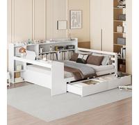 boorbin Divano letto in legno massiccio, con scrivania, scaffalature e scaffali, con presa elettrica, con 2 grandi ripiani, letto doppio in legno multifunzionale, bianco 1, 140 x 200 cm