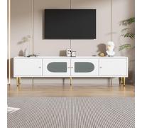 boorbin Elegante mobile TV da 170 x 35 x 50 cm, corpo bianco con gambe e manici dorati, 2 ante con scanalature verticali, 2 ante con vetro arco, portata 35 kg, mobile TV, mobile TV