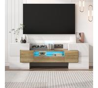boorbin Elegante mobile TV Lowboard bianco lucido, 145 cm, illuminazione a LED, mobili da soggiorno. Design moderno, elegante superficie in vetro (bianco + legno)