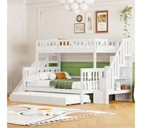 boorbin Lettino 90 x 200/140 x 200 cm, letto a castello in legno massello con scivolo e ripiano con gradini di sicurezza, due grandi cassetti e rete a doghe (bianco-1)
