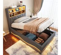 boorbin Lettino 90 x 200 cm con spazio idraulico, striscia LED controllata da APP, porta di ricarica USB, rete in metallo, imbottitura in lino (grigio)
