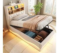 boorbin Lettino 90 x 200 cm con spazio idraulico, striscia luminosa a LED controllata da APP, porta di ricarica USB, rete in metallo, imbottitura in lino (beige)