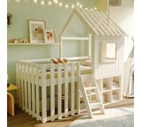 boorbin Lettino 90 x 200 cm, con tetto e finestra, con spazio aperto, con scaletta per arrampicata, letto per bambini senza materasso (bianco)