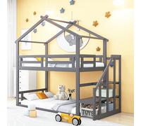 boorbin Lettino 90 x 200 cm, letto a castello basso con scala di sicurezza, struttura in legno massello con rete a doghe (grigio)