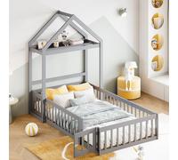 boorbin Lettino 90 x 200 cm, struttura per lettino in legno massello con vano portaoggetti, rete di protezione completa e ante e rete a doghe (grigio)