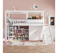boorbin Lettino a castello, con griglia di protezione anticaduta, con scivolo per bambini e armadio, ampio spazio di archiviazione, con scala a quattro livelli, pino+MDF + compensato, bianco, 90 x 200