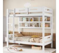 boorbin Lettino a castello, culla con griglia anticaduta, scaffale aperto, scala a cinque livelli, ampio spazio di archiviazione, pino+MDF, bianco, 90 x 200 cm