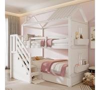 boorbin Lettino a castello per bambini, 90 x 200 cm, multifunzione, con scala di stoccaggio e cassetti e scaffali, spazio extra grande, senza materasso, pino + MDF, bianco (205 x 143 x 235 cm)
