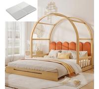 boorbin Lettino a cupola espandibile, per bambini, letto matrimoniale, cuscino in velluto, telaio in legno di pino, 140 x 100 cm e 140 x 200 cm (con materasso) (naturale e arancione, 151 x 210 x 170