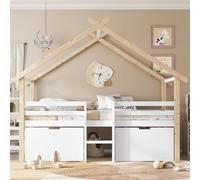 boorbin Lettino a mezza altezza, letto con tetto, recinzione quadrilaterale, con scale, 2 armadietti con ruote, in pino+MDF, 90 x 200 cm (bianco+naturale, 221 x 99 x 189 cm)