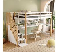 boorbin Lettino a soppalco 90 x 200 cm, con scala di stoccaggio, legno massello+MDF, letto a castello, culla con grande scrivania e ripiani, colori ecologici (naturale + bianco)
