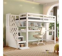 boorbin Lettino a soppalco 90 x 200 cm, con scala di stoccaggio, legno massello+MDF, letto a castello, culla con grande scrivania e ripiani, colori ecologici (bianco)
