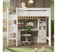 boorbin Lettino a soppalco con scrivania a forma di L, ripiani e cassetti con area di ricarica USB/Type-C, letto singolo per ragazzi con scala e doghe in legno, 90 x 200 cm, bianco (206 x 108 x 175 cm