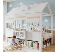 boorbin Lettino a soppalco, design a forma di casa, con una fila di libreria, robusta rete a doghe in legno di pino + MDF + compensato, bianco, 90 x 200 cm