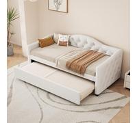 boorbin Lettino da giorno 90 x 200 cm con letto estraibile, divano letto, letto singolo (senza materasso), lino, stile minimalista, beige