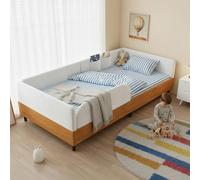 boorbin Lettino imbottito, 140 x 200 cm, in materiale PU, con 3 pratiche tasche, design bordato, moderno e minimalista, compensato PU+, bianco