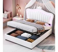 boorbin Lettino imbottito 140 x 200 cm, letto idraulico per bambini con corona rosa, in pelle PU con luci LED, rete a doghe e schienale (bianco)