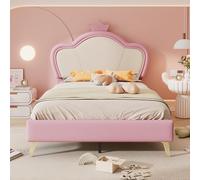 boorbin Lettino imbottito, lettino per bambini, con bordi protettivi, testiera con corona, piedini in metallo, elegante profilo testiera imbottita, letto singolo, PU, 90 x 200 cm (rosa+bianco)