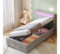 boorbin Lettino imbottito per bambini, 90 x 200 cm, con illuminazione a LED, letto idraulico, testiera regolabile in altezza, letto singolo, in velluto (grigio)