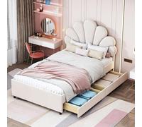 boorbin Lettino imbottito per bambini, 90 x 200 cm, telaio con testiera floreale e rete a doghe, con 2 ripiani, letto per gli ospiti in tessuto di velluto delicato sulla pelle