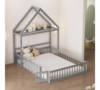 boorbin Lettino per bambini 140 x 200 cm, struttura in legno massello con vano portaoggetti, rete di protezione completa e ante e rete a doghe (grigio)