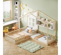 boorbin Lettino per bambini 90 x 200 cm (140 x 70 cm), con finestra e camino a forma di casa, con ripiani, in legno massello, con rete di sicurezza e rete a doghe (colore legno)