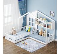 boorbin Lettino per bambini 90 x 200 cm (140 x 70 cm), con finestra e camino a forma di casa, con ripiani, in legno massello, con rete di sicurezza e rete a doghe (bianco)