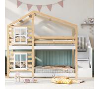 boorbin Lettino per bambini a castello per bambini, con protezione anti-caduta, incl. lavagna, 2 reti a doghe (senza materasso) (naturale e bianco, 256 x 96 x 192 cm)