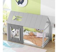 boorbin Lettino per bambini a forma di casa, letto singolo piano con tetto e finestra (grigio scuro + grigio chiaro, 90 x 200 cm)