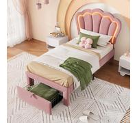 boorbin Lettino per bambini a LED singolo con cassetti, letto imbottito APP-Control a LED, rete a doghe e testiera regolabile, telaio del letto per ragazzi in velluto rosa (90 x 190 cm)