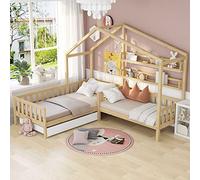 boorbin Lettino per bambini con cassetti e ripiani, in legno massello con recinzione e rete a doghe, struttura a L, colore naturale (90 x 200 cm+140 x 70 cm)