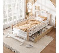 boorbin Lettino per bambini, con protezione anticaduta e griglia, con scala laterale, design unico del tetto, per adulti e adulti, piano, letti in legno, telaio in pino+MDF, bianco+naturale, 90 x 200