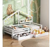boorbin Lettino per bambini con ripiano portaoggetti e due grandi cassetti con vano portaoggetti e forma camino 90 x 200 cm, bianco
