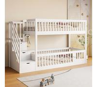 boorbin Letto a castello 90 x 200 cm, con scala di sicurezza e cassetti, letto singolo in legno, per bambini, ragazzi (bianco, 90 x 200 cm)