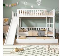 boorbin Letto a castello con letto a rotelle, lettino con rete anticaduta, con scivolo e mensole, con scala dritta a 4 livelli, pino+MDF, bianco, 90 x 200/190 cm (250 x 172 x 170,5 cm)