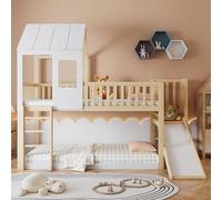 boorbin Letto a castello con scala ad angolo retto e scivolo, letto con tetto e finestra, lettino con protezione anticaduta e griglia, telaio in pino, 90 x 200 cm (naturale+bianco, 247 x 137,5 x 221