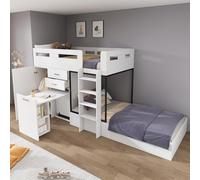 boorbin Letto a castello con scrivania allungabile e guardaroba, lettino multifunzionale, letto a castello per bambini, con mensole, grande spazio di archiviazione, 90 x 200 cm, bianco (286 x 164 x