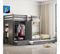 boorbin Letto a castello in legno massello 90x200 con letto estraibile, lettino multifunzionale con armadio, cassetti e vano portaoggetti (grigio)