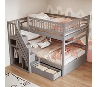 boorbin Letto a castello in legno massiccio, 140 x 200 cm, con rete di sicurezza, con rete a doghe, scala di sicurezza con vano portaoggetti, con cassetti portaoggetti, letto matrimoniale Junior