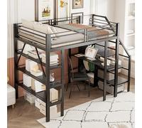boorbin Letto a soppalco 140 x 200 cm, scaffale a tre strati, scrivania, armadio, livelli di sicurezza con vano portaoggetti, design a recinzione, letto in ferro, letto singolo (nero)