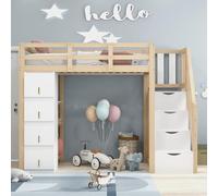 boorbin Letto a soppalco 90 x 200 cm con cassetti di stoccaggio, scaffale a più piani, scala sicura con cassetti di stoccaggio, letto multifunzione in legno massello, colore legno