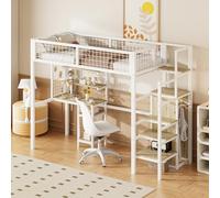 boorbin Letto a soppalco 90 x 200 cm con scala di sicurezza, culla con telaio in ferro e scrivania per computer, colore: bianco