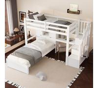 boorbin Letto a soppalco 90 x 200 cm con scrivania e scale, set da 2 pezzi in legno massello con scomparti e ripiani, incl. telaio 90 x 200 cm, letto bianco a castello per camera dei ragazzi