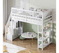 boorbin Letto a soppalco 90 x 200 cm, design di sicurezza con armadio, mensole e spazio con scaletta di sicurezza, letto in legno multifunzionale, lettino per bambini, letto singolo (bianco)
