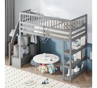 boorbin Letto a soppalco 90 x 200 cm, design di sicurezza con armadio, mensole e spazio di archiviazione con scala di sicurezza, letto in legno multifunzionale, lettino per bambini, letto singolo