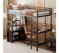 boorbin Letto a soppalco, 90 x 200 cm, senza materasso, letto con scrivania, con presa e USB, più ripiani, armadio aperto, ringhiera, scala, telaio in ferro (nero)