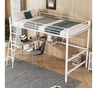boorbin Letto a soppalco, 90 x 200 cm, struttura letto in metallo, letto a soppalco con scrivania a forma di L e ripiano per bambini, ragazzi e adulti, senza materasso, bianco (204,5 x 149 x 180,5 cm)